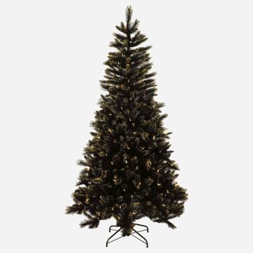 Artificial fir tree ASKER SPEED with cones, LEDs, gold shimmer, black, 210cm, Ø115cm