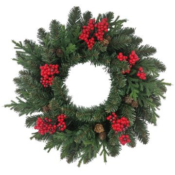Artificial Fir wreath STAVANGER, spruce, berries, cones, green-red, Ø20"/50cm