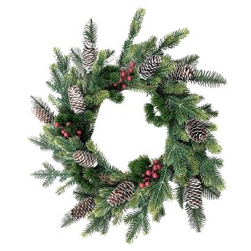 Artificial Christmas wreath NARVIK, berries, cones, green-red, Ø50cm