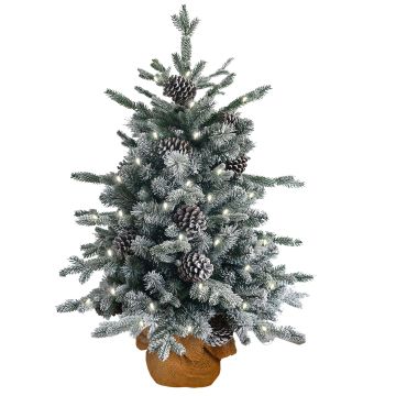 Artificial fir tree LYNGDAL, snow-covered, cones, LEDs, jute sack, 60cm, Ø40cm
