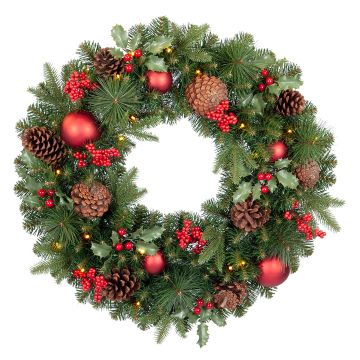 Artificial Winterkranz VISALIA, holly, berries, cones, balls, LEDs, green-red, Ø24"/60cm Artificial Winterkranz VISALIA, holly, berries, cones, balls, LEDs, green-red, Ø24"/60cm