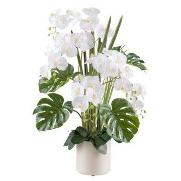 Artificial flower arrangement of orchid and philodendron CASTOL, sansevieria Mikado, decorative pot, white, 4ft/110cm