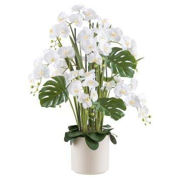 Artificial flower arrangement of orchid and philodendron CASTOL, sansevieria Mikado, decorative pot, white, 4ft/120cm