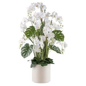 Artificial flower arrangement of orchid and philodendron CASTOL, sansevieria Mikado, decorative pot, white, 5ft/140cm