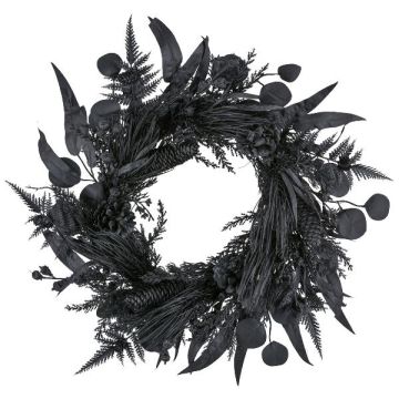Artificial wreath of eucalyptus and fern WELTO, pine, cones, black, Ø24"/60cm