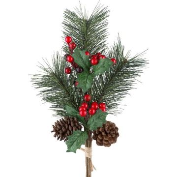 Artificial fir and holly bunch TULVA, berries, cones, red, 14"/35cm