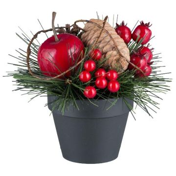 Artificial pine arrangement KALAZI, decorative pot, cherry, cone, rose hip, red, 5.9"/15cm Artificial pine arrangement KALAZI, decorative pot, cherry, cone, rose hip, red, 5.9"/15cm