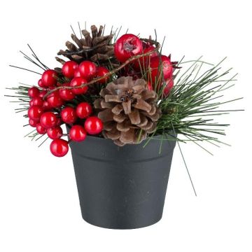 Artificial pine arrangement KALAZI, decorative pot, cones, rose hip, red, 5.1"/13cm Artificial pine arrangement KALAZI, decorative pot, cones, rose hip, red, 5.1"/13cm