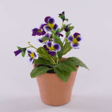 BAHNY decorative artificial pansy in a terracotta pot, violet-purple, 17cm