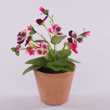 BAHNY decorative artificial pansy in a terracotta pot, pink and white, 17cm