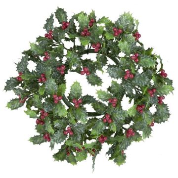 Decorative wreath Holly LENVI, berries, frosted, green-red, Ø10"/25cm