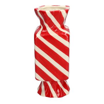 Square single stem vase in the shape of a sweet AMIEL made of ceramic, with diagonal lines, red-white, 4"x4"x10"/10x10x25cm