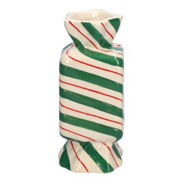 Square single stem vase in the shape of a sweet AMIEL made of ceramic, with diagonal lines, green-red-white, 4"x4"x10"/10x10x25cm