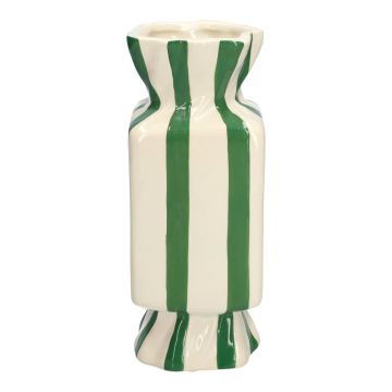 Square single stem vase in the shape of a sweet AMIEL made of ceramic, with vertical stripes, green-white, 4"x4"x10"/10x10x25cm