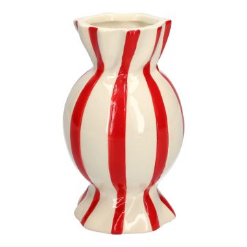 Bulbous single stem vase in the shape of a sweet AMIEL made of ceramic, with vertical stripes, red-white, 6"/15cm, Ø3.3"/8,5cm