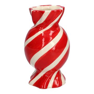 Bulbous single stem vase in the shape of a sweet AMIEL made of ceramic, with diagonal lines, red-white, 6"/15cm, Ø3.3"/8,5cm