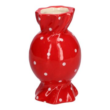 Bulbous single stem vase in the shape of a sweet AMIEL made of ceramic, with polka dots, red-white, 6"/15cm, Ø3.3"/8,5cm