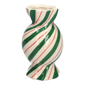 Bulbous single stem vase in the shape of a sweet AMIEL made of ceramic, with diagonal lines, green-white-red, 6"/15cm, Ø3.3"/8,5cm