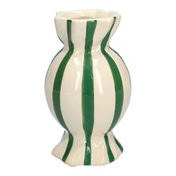 Bulbous single stem vase in the shape of a sweet AMIEL made of ceramic, with vertical stripes, green-white, 6"/15cm, Ø3.3"/8,5cm
