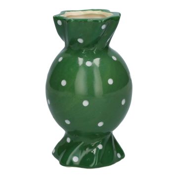 Bulbous single stem vase in the shape of a sweet AMIEL made of ceramic, with polka dots, green-white, 6"/15cm, Ø3.3"/8,5cm