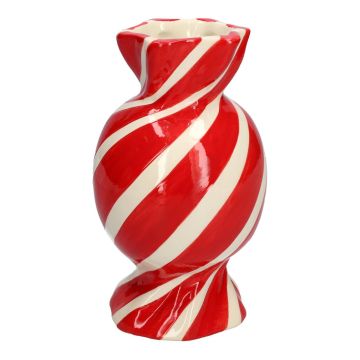 Bulbous single stem vase in the shape of a sweet AMIEL made of ceramic, with diagonal lines, red-white, 8"/20cm, Ø5.5"/11,5cm
