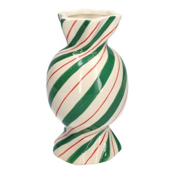 Bulbous single stem vase in the shape of a sweet AMIEL made of ceramic, with diagonal lines, green-red-white, 8"/20cm, Ø5.5"/11,5cm Bulbous single stem vase in the shape of a sweet AMIEL made of ceramic, with diagonal lines, green-red-white, 8"/20cm, Ø5.5"/11,5cm