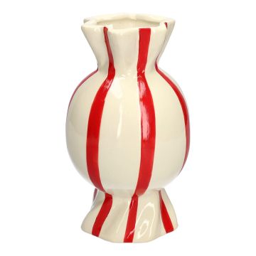 Bulbous single stem vase in the shape of a sweet AMIEL made of ceramic, with vertical stripes, red-white, 10"/24,7cm, Ø5.5"/14cm