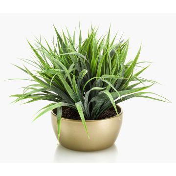 Artificial reed grass NIBORI in golden ceramic bowl, green, 14"/35cm