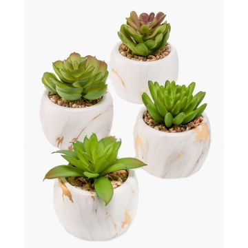 Artificial succulents LOYE in marble pot, 4 pieces, green, 5"-6"/13-15 cm