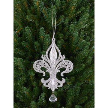 Acrylic pendant heraldic lily AZARIEL, glitter, silver, 5.9"/15cm