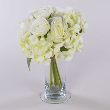 Artificial flower bouquet FOUDILA, roses, hydrangeas, white, 10"/25cm