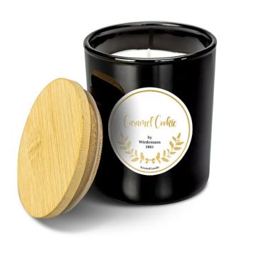 Candle jar MELIDA with scented candle, caramel Cookie, black-white, 3.7"/9.3cm, Ø3.1"/7.9cm, 35h