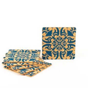 Square glass coaster made of cork ROHESIA, 6 pieces, oriental pattern, natural-blue, 3.5"x3.5"/9x9cm, thickness 0.1"/0,3cm