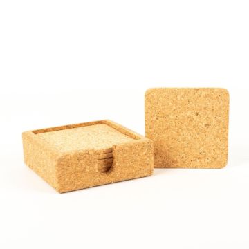 Square glass coaster made of cork MINARA with holder, 6 pieces, natural, 3.5"x3.5"/9x9cm, thickness 0.2"/0,5cm