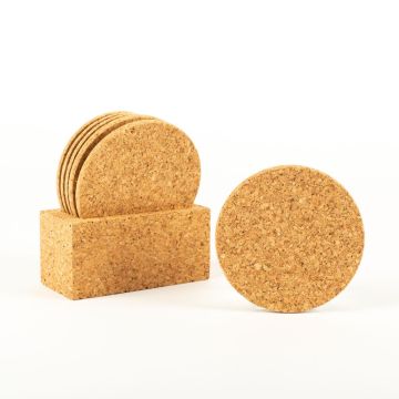 Round glass coaster made of cork NANEA with stand, 6 pieces, natural, Ø3.5"/9cm, thickness 0.2"/0,5cm