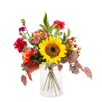 Artificial autumn bouquet JORA, yellow-orange-fuchsia, 22"/55cm, Ø16"/40cm