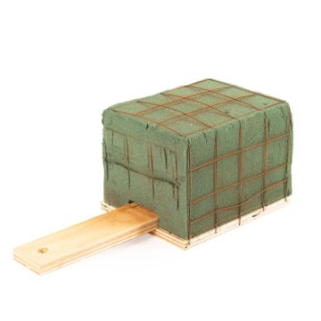 ®mosy Ökodur Floral foam grave bouquet holder EINAR with wire grid, handle, natural wood base, green, 4.3"x3.5"x3.1"/11x9x8cm