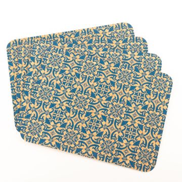 Rectangular placemat made of cork ROHESIA, oriental pattern, 4 pieces, natural-blue, 16"x12"x0.1"/40x30x0,3cm