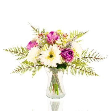 Artificial gerbera bouquet MALIA, rose, carnation, white-purple, 16"/40cm, Ø12"/30cm