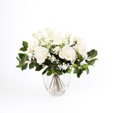 Fake rose bouquet AMELIE, baby's breath, white, 18"/45cm, Ø16"/40cm