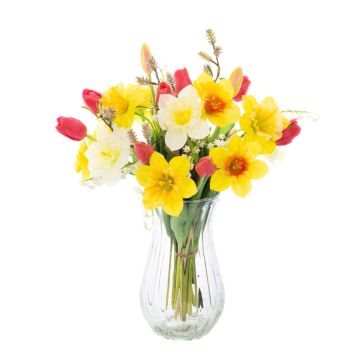 Artificial spring bouquet MANULA, narcissus, yellow-fuchsia-white, 16"/40 cm, Ø 12"/30 cm