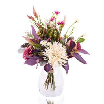 Artificial bouquet of flowers KALOU with cactus, violet-white-salmon, 18"/45cm, Ø14"/35cm