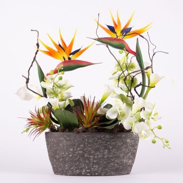 Exotic artificial flower arrangement LOVARA, strelitzia, orchid, calla, orange-white-green, 22"x12"x24"/55x30x60cm