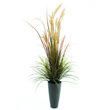 Plastic reed grass JARVIS, panicles, decorative pot, crossdoor, green-brown, 6ft/175cm