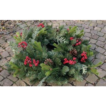 Artificial fir wreath ANTONIE, berries, cones, green, Ø24"/60cm