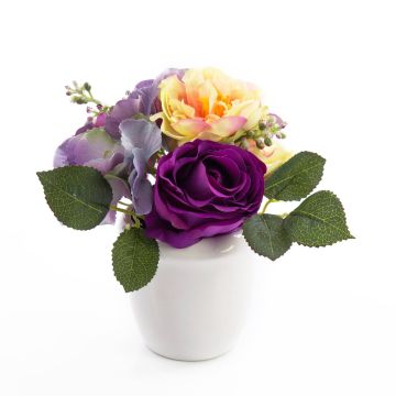 Artificial arrangement of roses and hydrangeas FELINE, ceramic pot, purple, 6.7"/17cm, Ø7.1"/18cm
