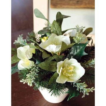 Artificial Christmas rose and mistletoe arrangement DANITA in clay pot, white-green, 8"/20cm