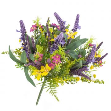 Spring bouquet ERIFE with lavender, buttercup, daisy, forget-me-not, yellow-purple-white, 10"/25cm, Ø 8"/20cm