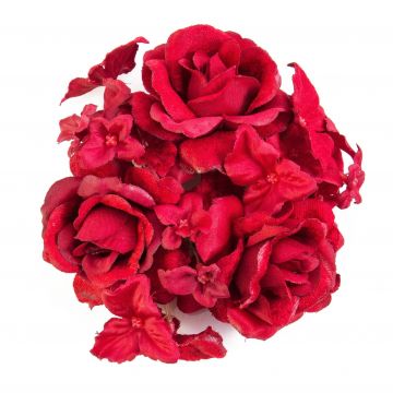 Fake candle wreath INGA, rose, hydrangea, red, Ø 4"/10cm