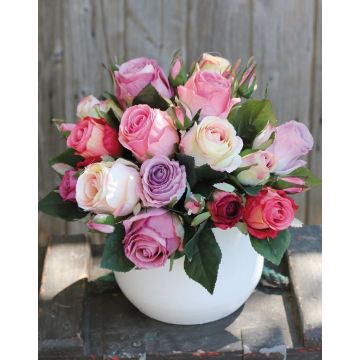 Artificial rose bouquet MOLLY, pink-cream-red, 12"/30cm, Ø10"/25cm